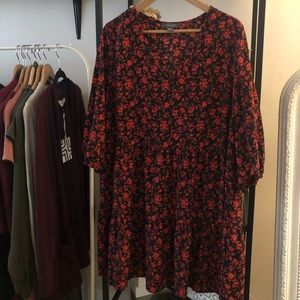 Red and Black Floral Dress-M-Primark